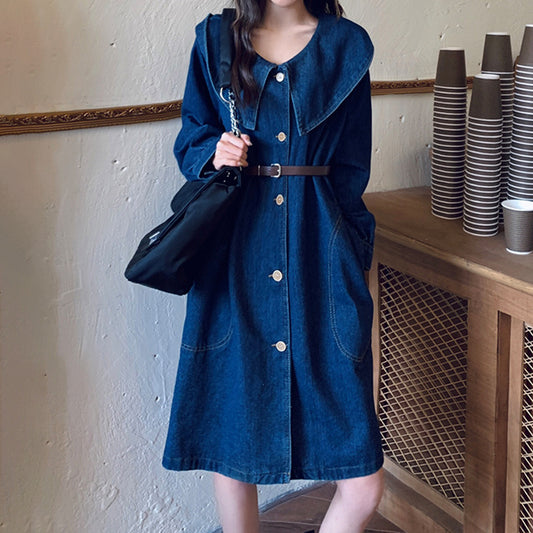 Navy Collar Wholesale Denim Dress With Belt