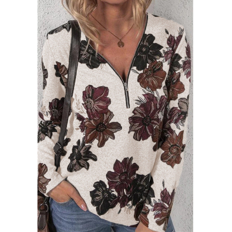 New Women Autumn Long-Sleeved V-Neck Floral Print T-Shirt