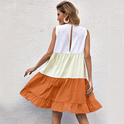 Loose Casual Colorblock Ruffled Sleeveless Wholesale Dresses