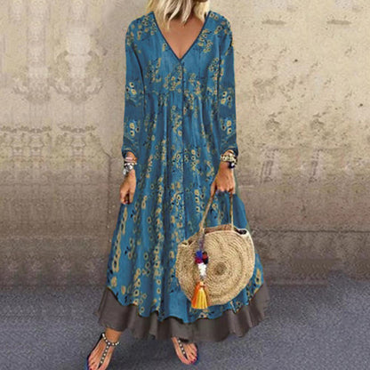 Fashion Long Sleeve Retro Print Maxi Dress V Neck Swing Loose Wholesale Dresses