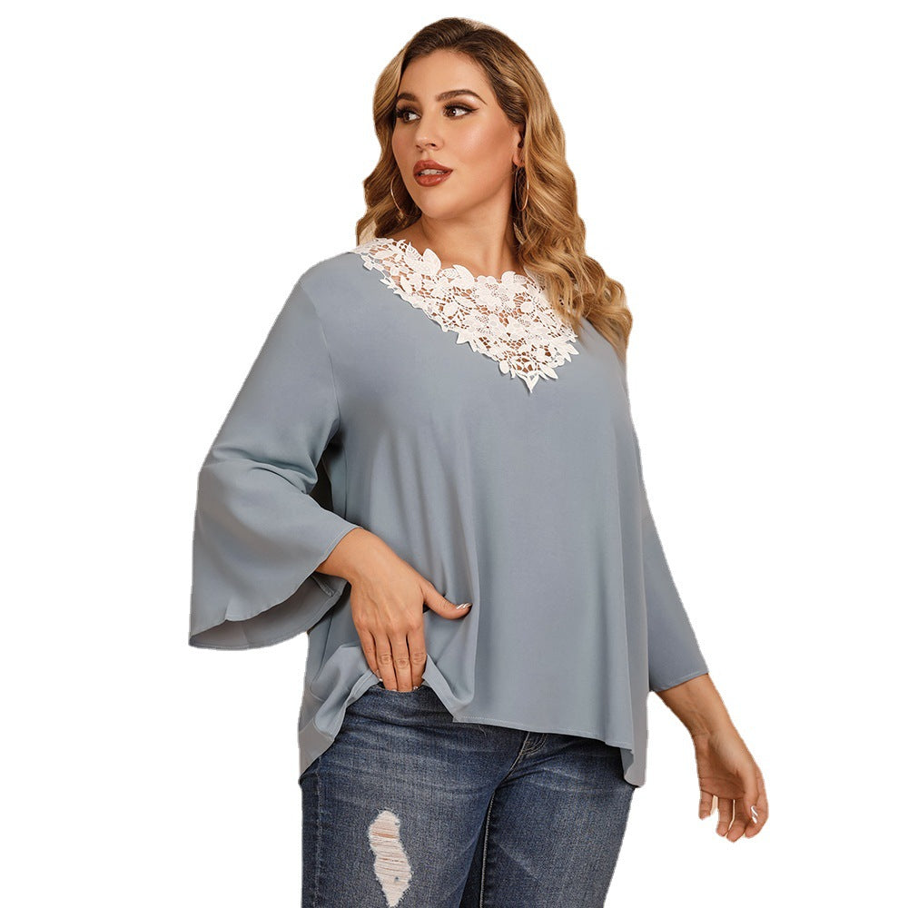 Trumpet Sleeve Lace V-Neck Loose Top Women Wholesale