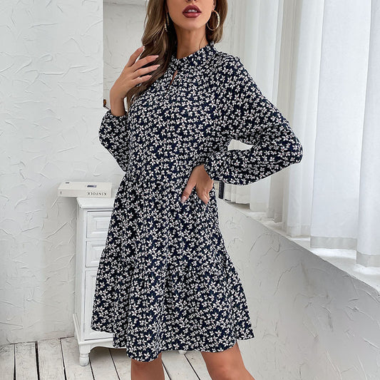 Women Round Neck Button Retro Floral Long Sleeve Dress Wholesale