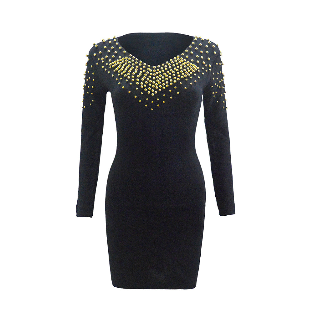 V-Neck Black Long Sleeve Knitted Dress Women