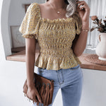 Floral Printed Square Neck Ruffles Puff Sleeve Chiffon Womens Tops Casual Wholesale T Shirts