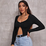 Solid Knitting Button Low Cut Crop Top