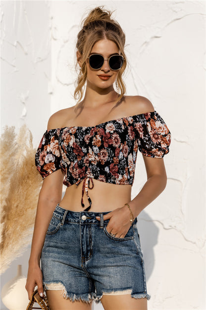 Floral Print Short-Sleeve Off Shoulder Drawstring Sexy Women'S Cropped Shirts Wholesale Crop Tops