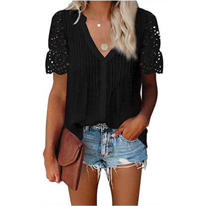 Lace Hollow Out V Neck Short Sleeve Wholesale Blouses Summer