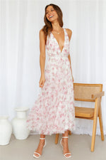 Floral Print Deep-V Backless High Waist Beach Sleeveless Swing Dress Sexy Vacation Wholesale Maxi Dresses