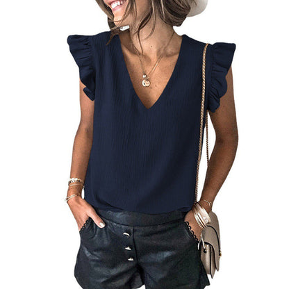 Plain Color Ruffle Sleeveless V Neck Wholesale Tank Tops for Women