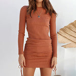 Solid Color Long Sleeve Rib Knit Drawstring Wholesale Ruched Dresses For Women