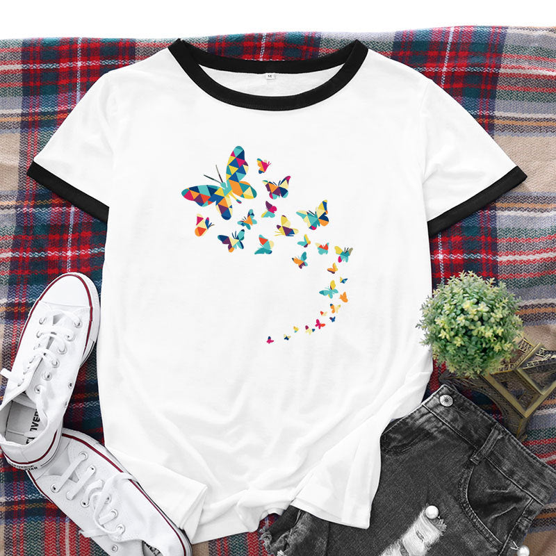 Women Fashion Butterfly Print Short Sleeve Wholesale T-shirts Summer