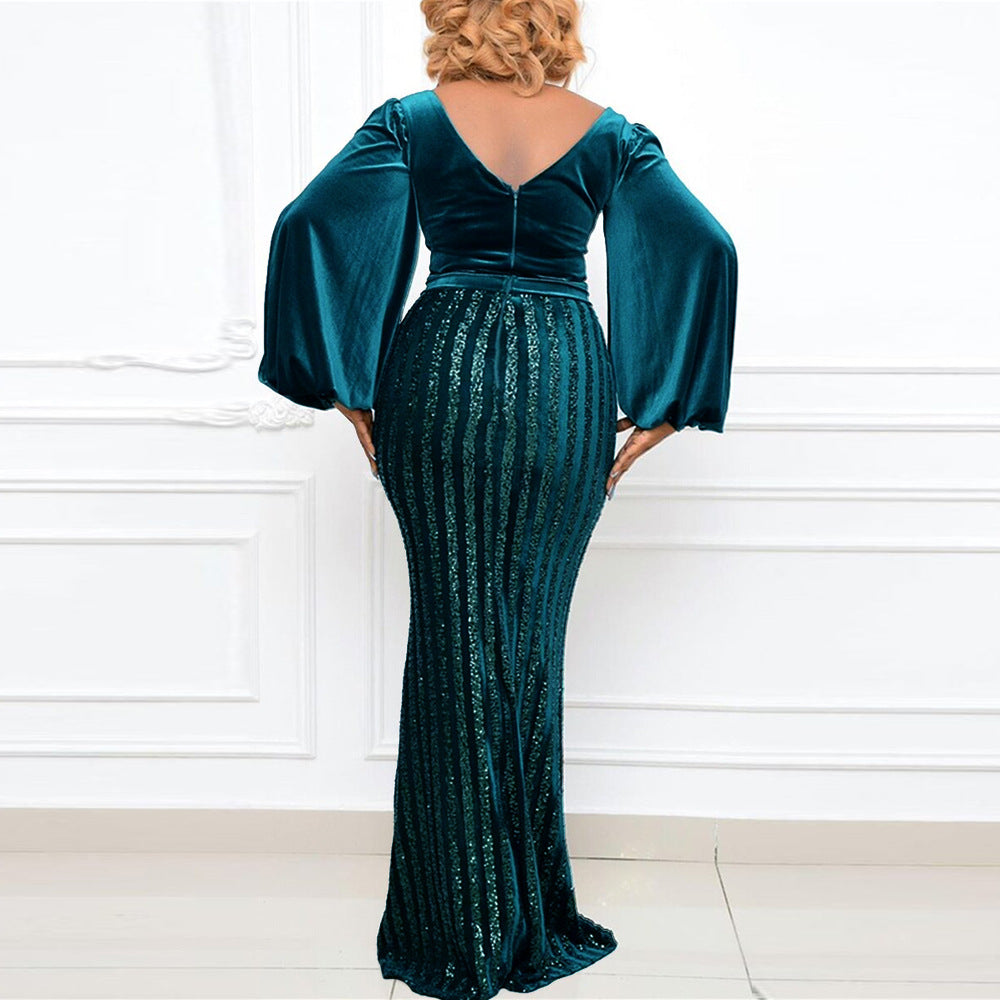 Lantern Sleeve V-Neck Party Wholesale Plus Size Maxi Dresses For St. Patrick'S Day