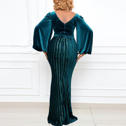 Lantern Sleeve V-Neck Party Wholesale Plus Size Maxi Dresses For St. Patrick'S Day