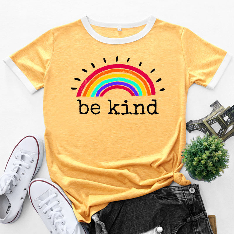 Rainbow & Letter Print Crew Neck Short Sleeve Tops Casual Wholesale Women'S T Shirts