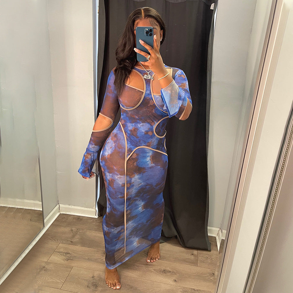 Abstract Print Trumpet Sleeve Transparent Long Dress Best Women'S Wholesale Clothing