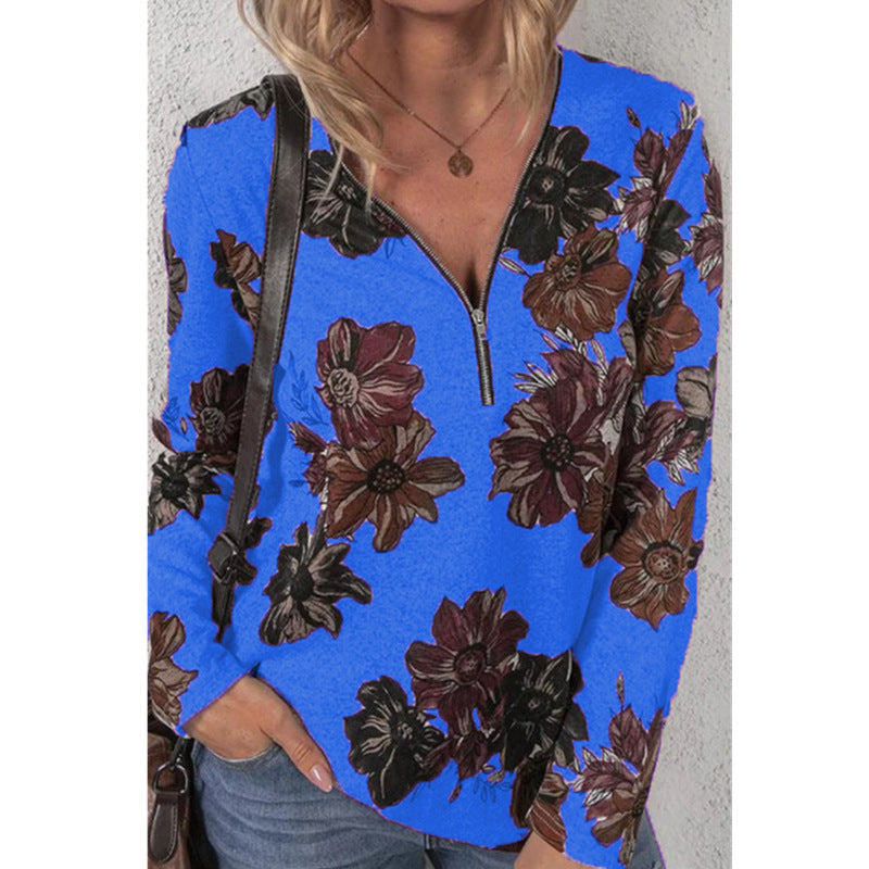 New Women Autumn Long-Sleeved V-Neck Floral Print T-Shirt