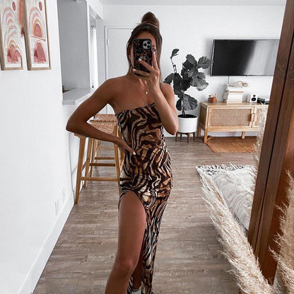 Slanted Shoulder Tiger Print Sling High Slit Tight Dress Sexy Wholesale Maxi Dresses