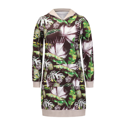 New Women Casual Flower Print Mid-length Hoodie Dress