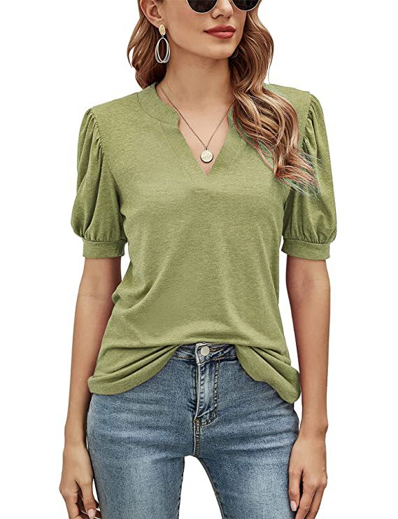 Women Fashion V Neck Short Sleeve Plain Wholesale T-shirts Blouses Summer