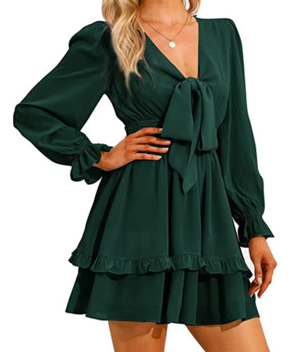 Solid Color V-Neck Tieback Bowknot Long Lantern Sleeve Ruffle Dress Casual Wholesale Dresses