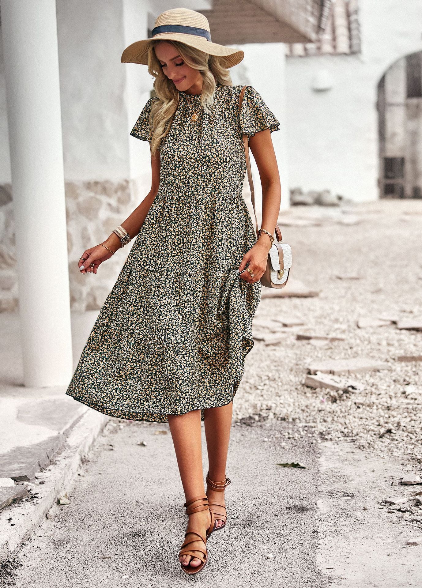 Flare Short Sleeve Casual Vacation Floral Midi Smocked Dress Wholesale Dresses