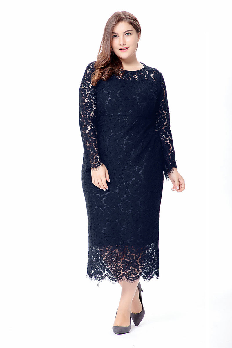 Sexy Lace Hollow Midi Dress Slim Solid Color Long Sleeve Wholesale Plus Size Clothing