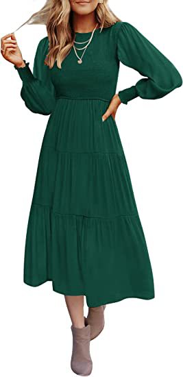 Solid Color Long Sleeve Midi Swing Smocked Dress Wholesale Dresses