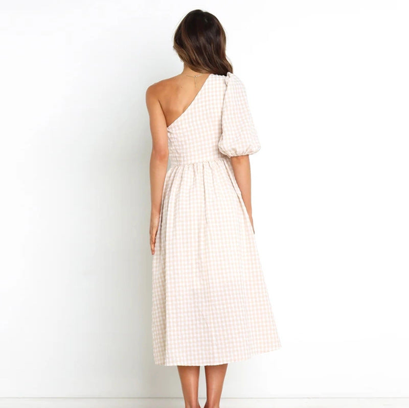 One-Shoulder Plaid Print Puff Sleeve Fashion Swing Dress Wholesale Dresses