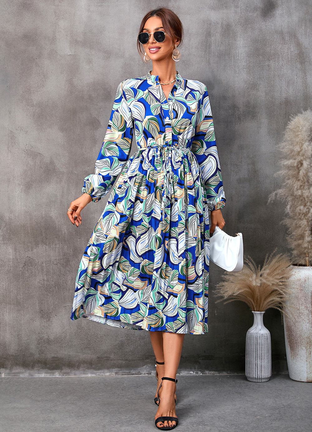 Printed Long Sleeve Tie-Up Midi Swing Shirtdress Wholesale Shirt Dresses