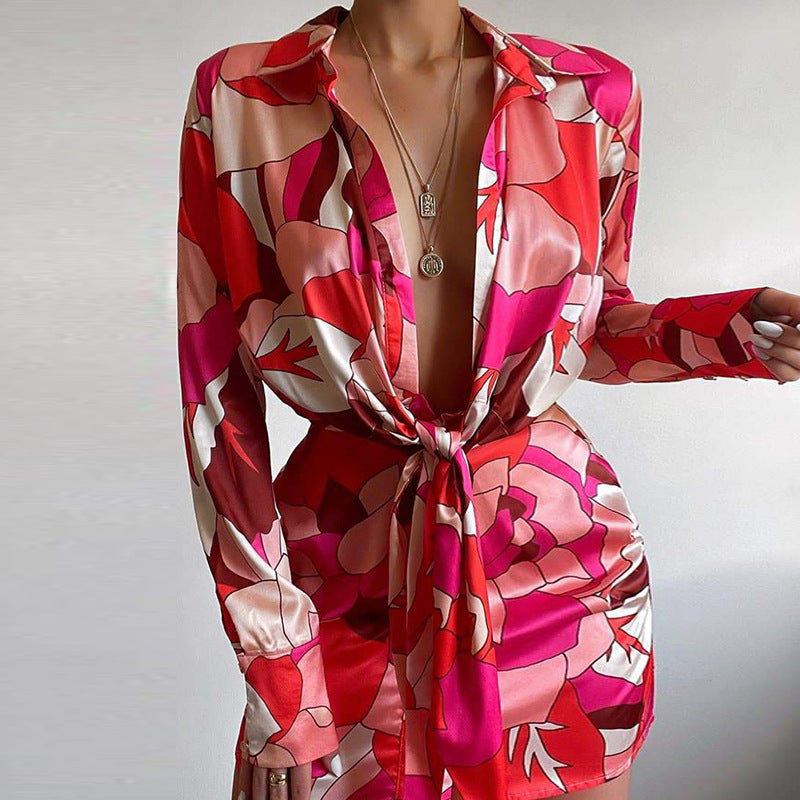 Sexy Lapel Deep V-Neck Print Dress Long Sleeve Slim  A-Line Wholesale Dresses
