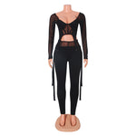 Sexy Low Cut Mesh Perspective Long Sleeve Top & Pants Wholesale Womens 2 Piece Sets SO95640