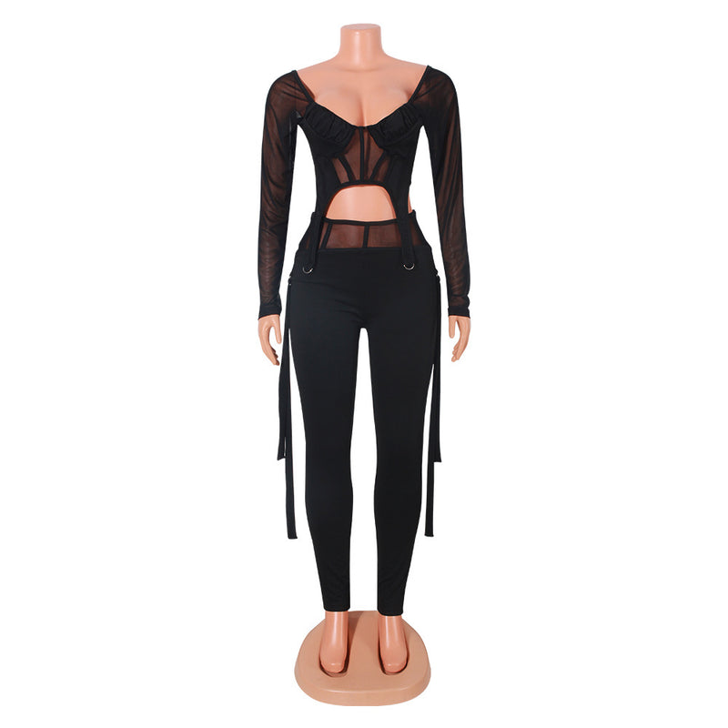 Sexy Low Cut Mesh Perspective Long Sleeve Top & Pants Wholesale Womens 2 Piece Sets SO95640