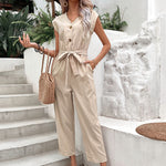 Button-Down Sleeveless V-Neck Commuter Cropped Jumpsuit Wholesale Women'S Clothing