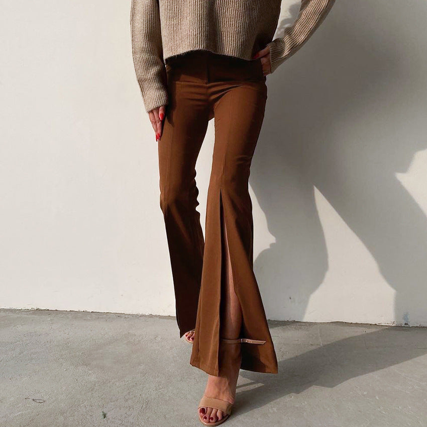 High Waist Slim Hip Solid Color Slit Flare Trousers Wholesale Pants