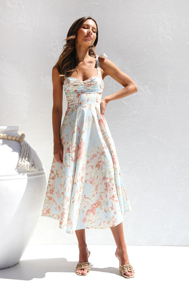Printed Gentle Sling Slim Pleated Low Cut Dress Wholesale Dresses
