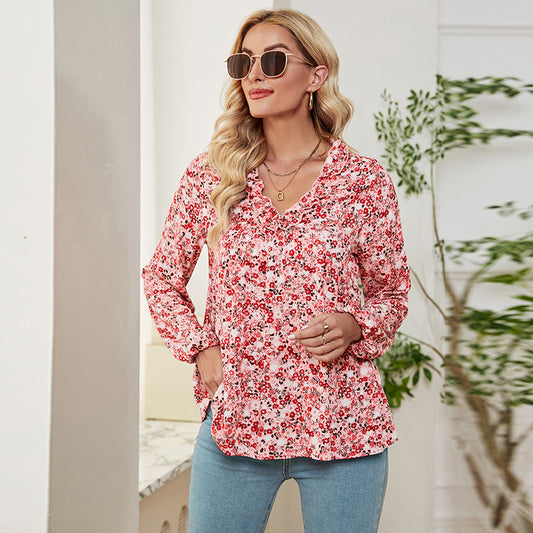 Casual Floral V-Neck Tops Loose Long Sleeve Wholesale Womens Long Sleeve T Shirts