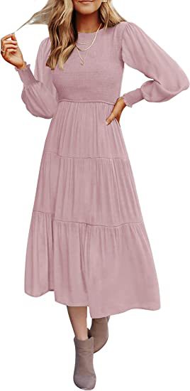 Solid Color Long Sleeve Midi Swing Smocked Dress Wholesale Dresses