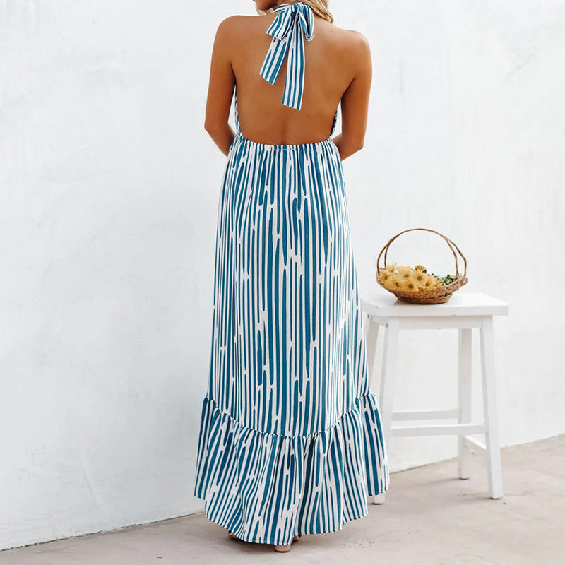 Striped Print Halter Neck Strapless Backless Asymmetric Swing Dress Wholesale Dresses