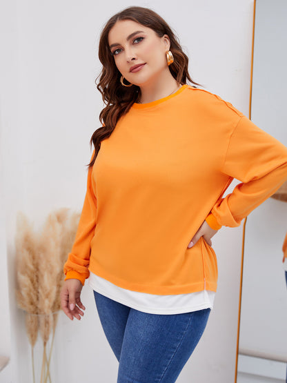 Wholesale Women'S Plus Size Clothing Contrast Stitching Casual Loose Long-Sleeved Sweatshirt