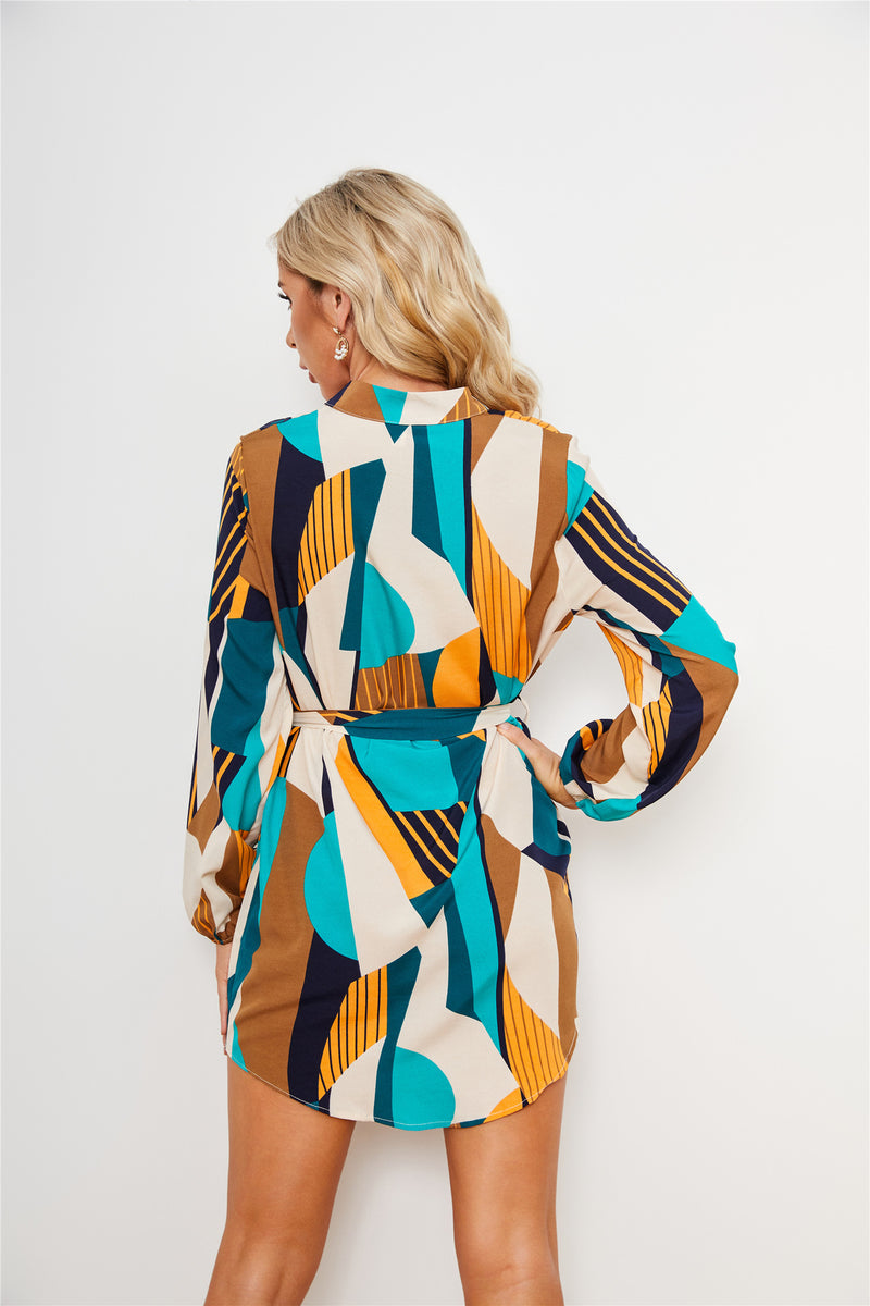 Fashion Geometric Print Long Sleeve Tie-Up Shirt Dress Wholesale Dresses
