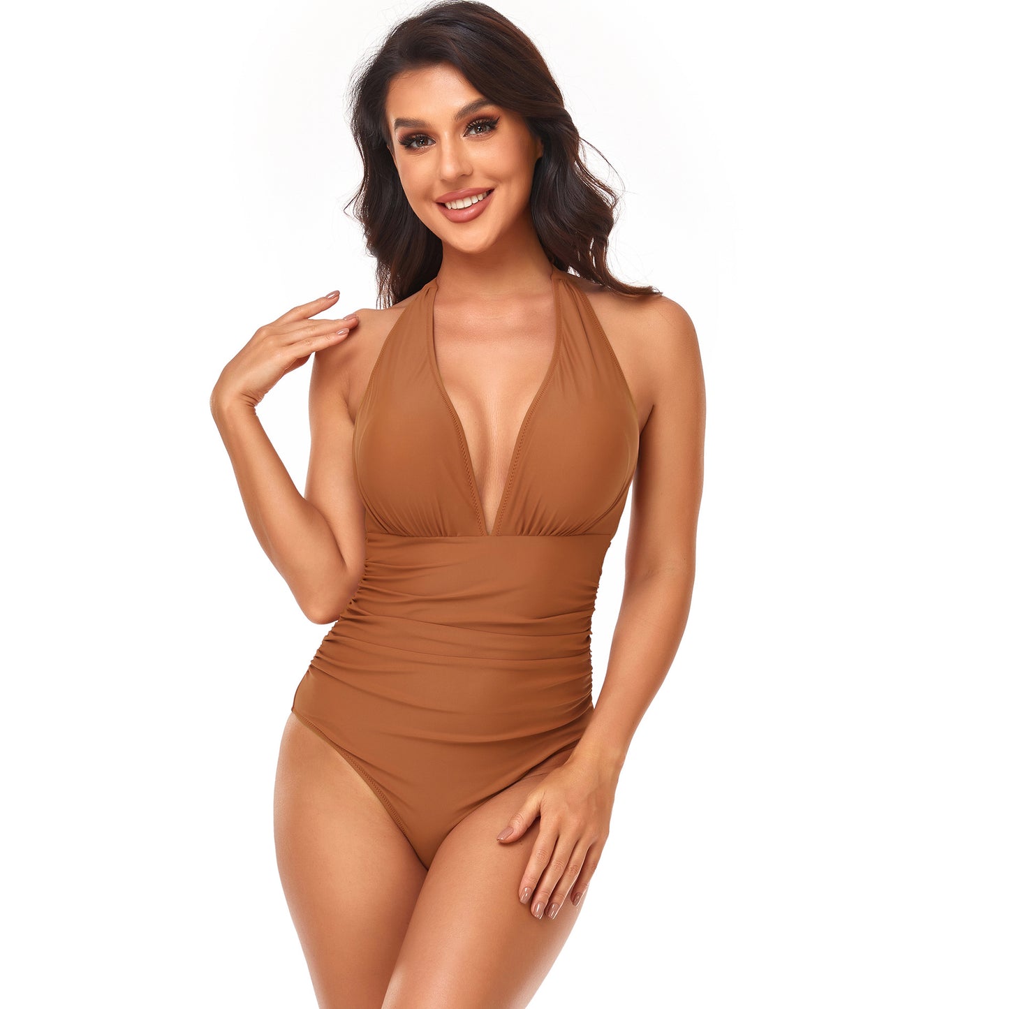 Triangle Solid Gathered Halter Neck One-Piece Swimsuit Wholesale Women'S Clothing