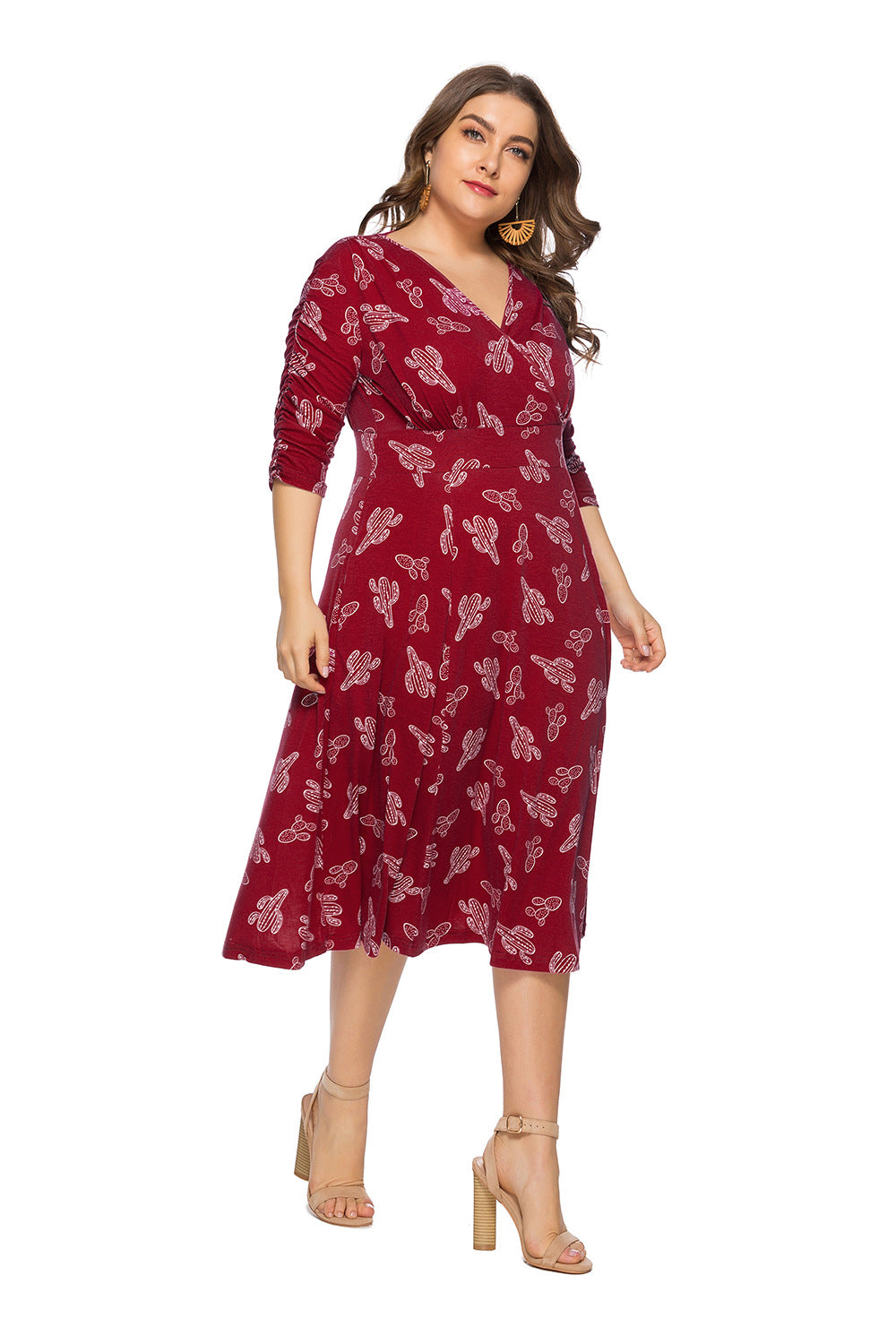 Fashion Print V-Neck Midi Dress With Pockets Three-Quarter-Sleeve Dresses Wholesale Plus Size Clothing