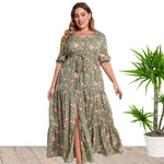 Wholesale Women'S Plus Size Clothing Round Neck Slit Printed Loose Bohemian Dress