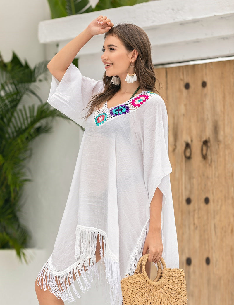 V-Neck Fashion Bikini Cover Up Tassel Stitching Irregular Sun Protective Blouse Wholesale Womens Tops