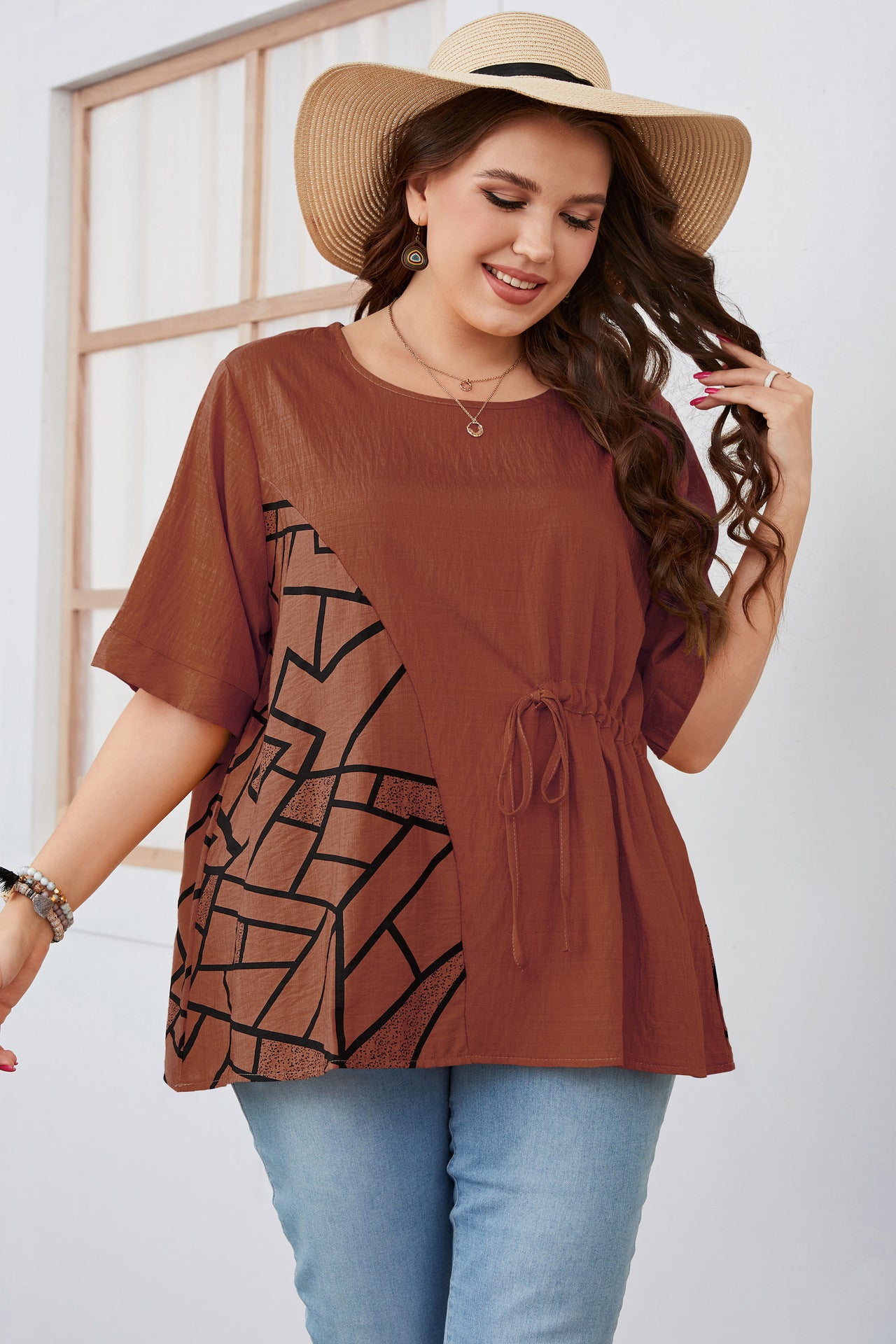 Wholesale Women'S Plus Size Clothing Casual Half Sleeve Round Neck Loose Commuting Blouses