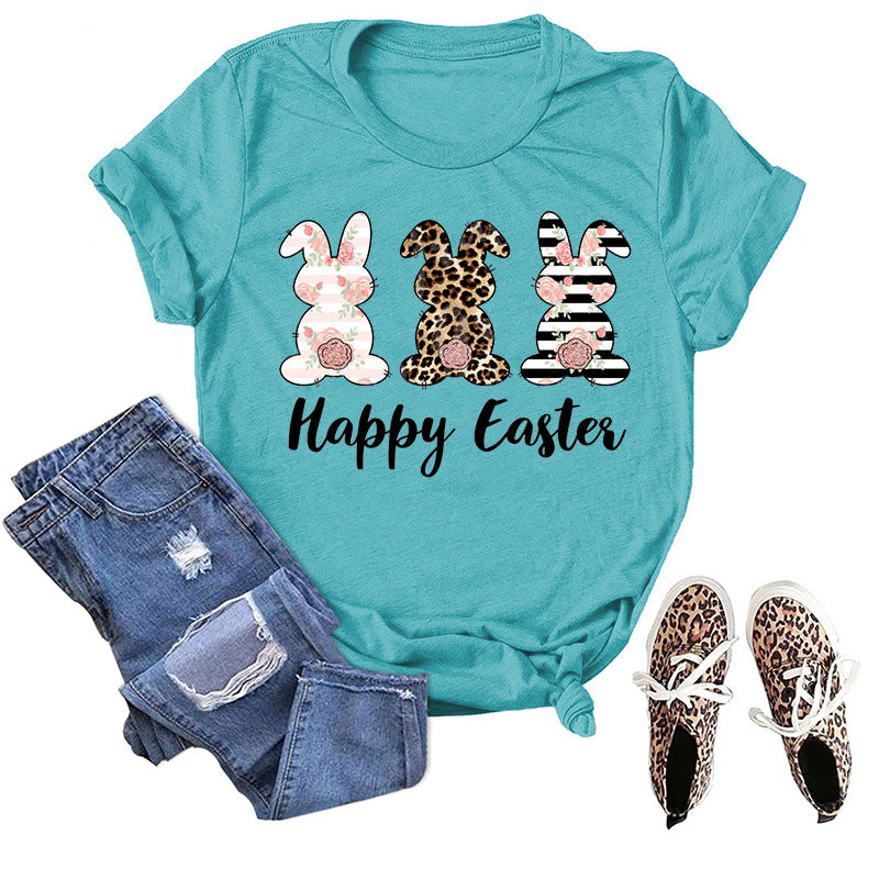 Bunny HAPPY EASTER Letter Print Short-Sleeve T-Shirts Wholesale Womens Tops