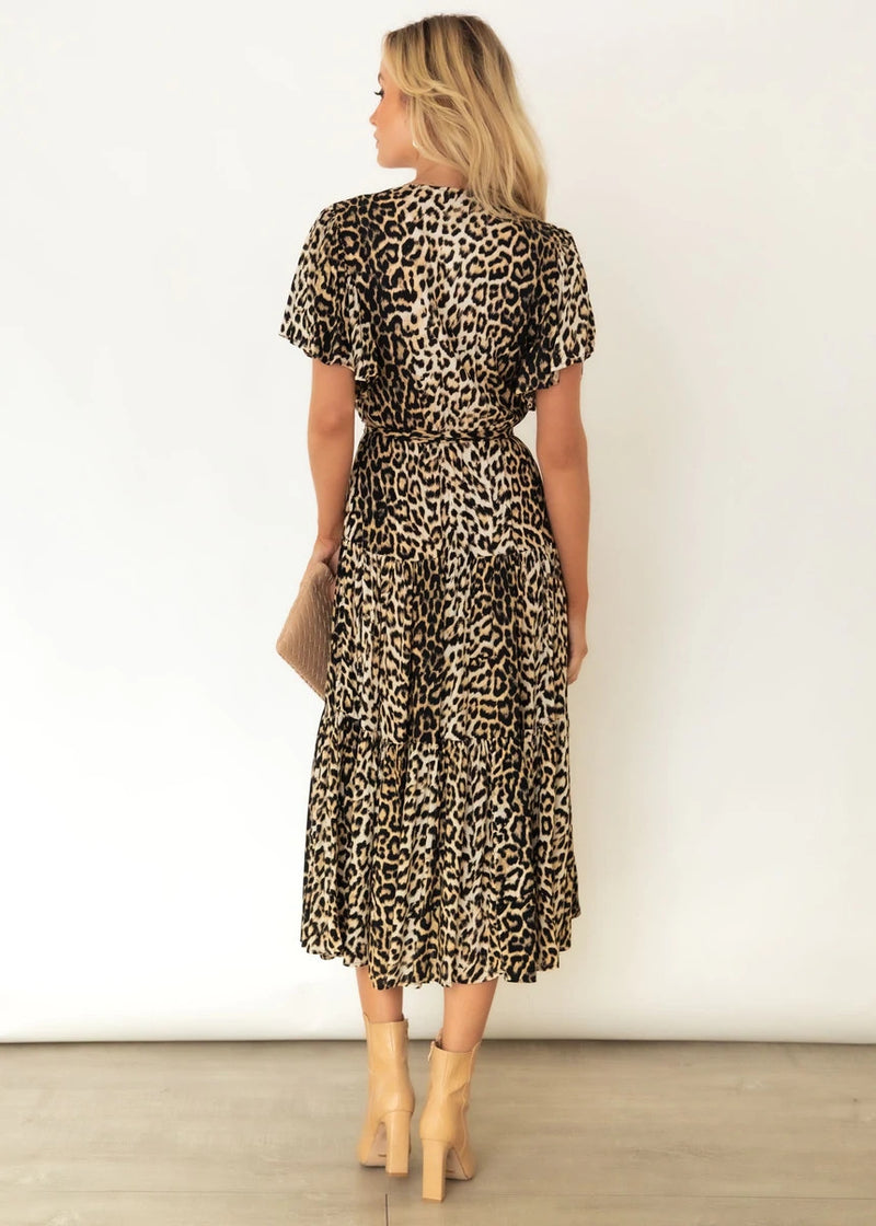 Temperament Swing Leopard Print V-Neck Waist Short Sleeve Dress Wholesale Dresses