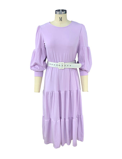 Solid Color Puff Sleeve Round Neck Smocked Dress Wholesale Dresses