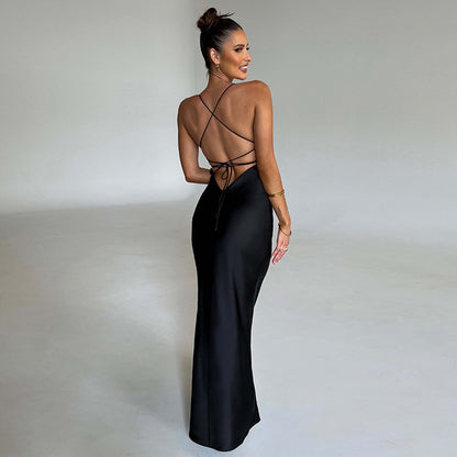 Sexy Slim Fit Backless Waist-Tight Slimming Suspender Party Satin Dress Wholesale Maxi Dresses