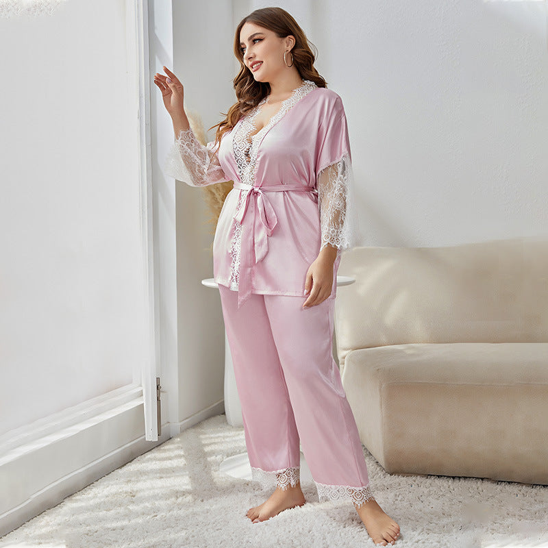 Summer Lace Tops & Trousers Satin Curvy Pajamas Sets Wholesale Plus Size Clothing